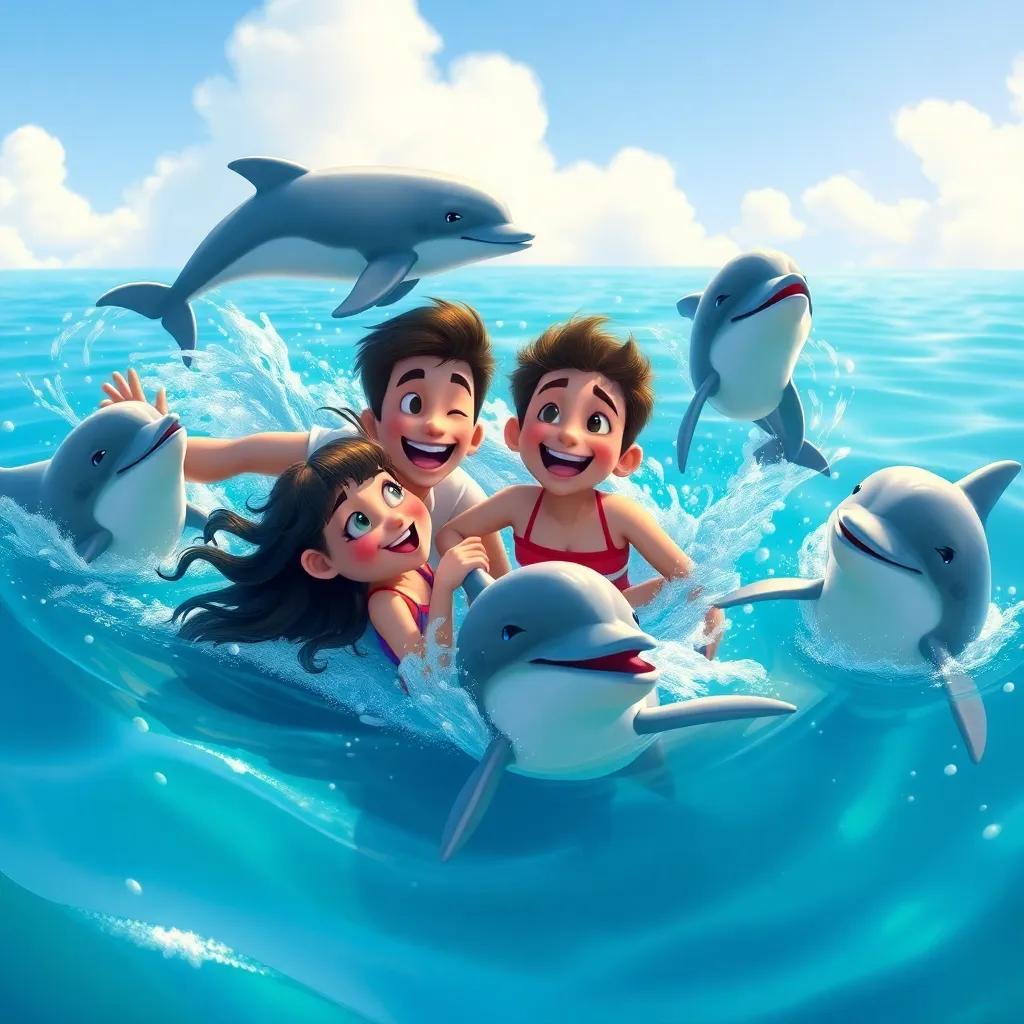 The friends with the playful dolphins, swimming together in the ocean, filled with joy and laughter, the dolphins jumping around, adventurous and cheerful