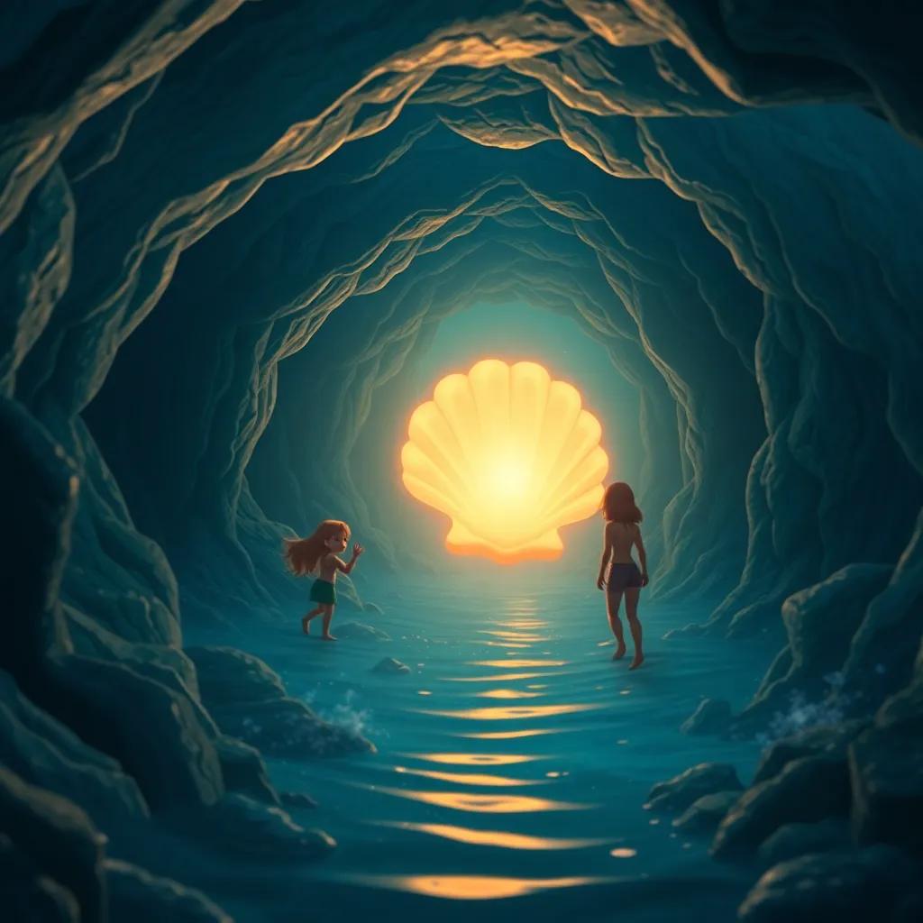 A hidden underwater cave where Chloe, Mia, and Jake find the mermaid's shell glowing brightly, an awe-inspiring magical atmosphere, fantastic