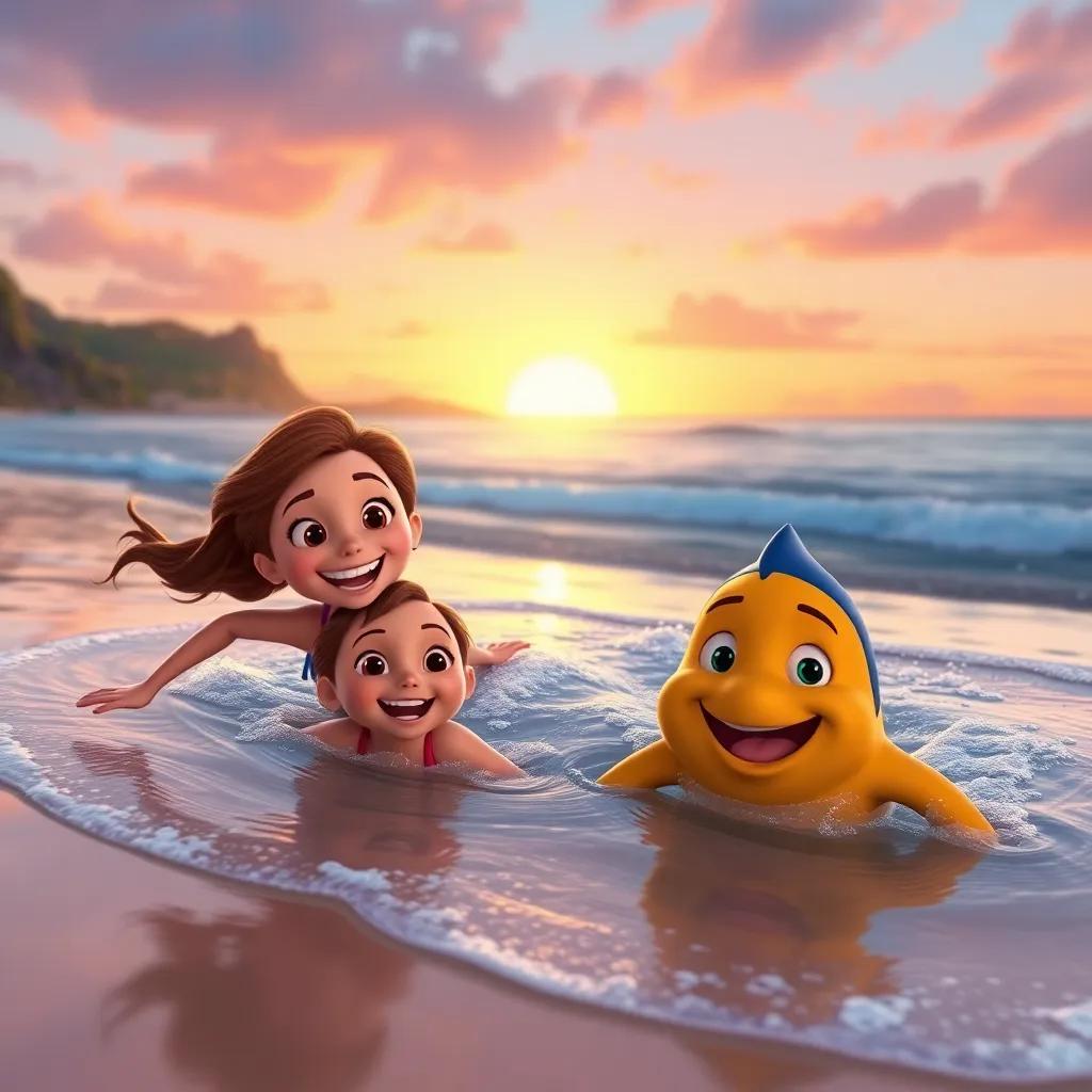 Chloe, Mia, and Jake swimming back to the shore, looking happy and excited, the beach in the background, sunset colors in the sky, joyful and warm scene