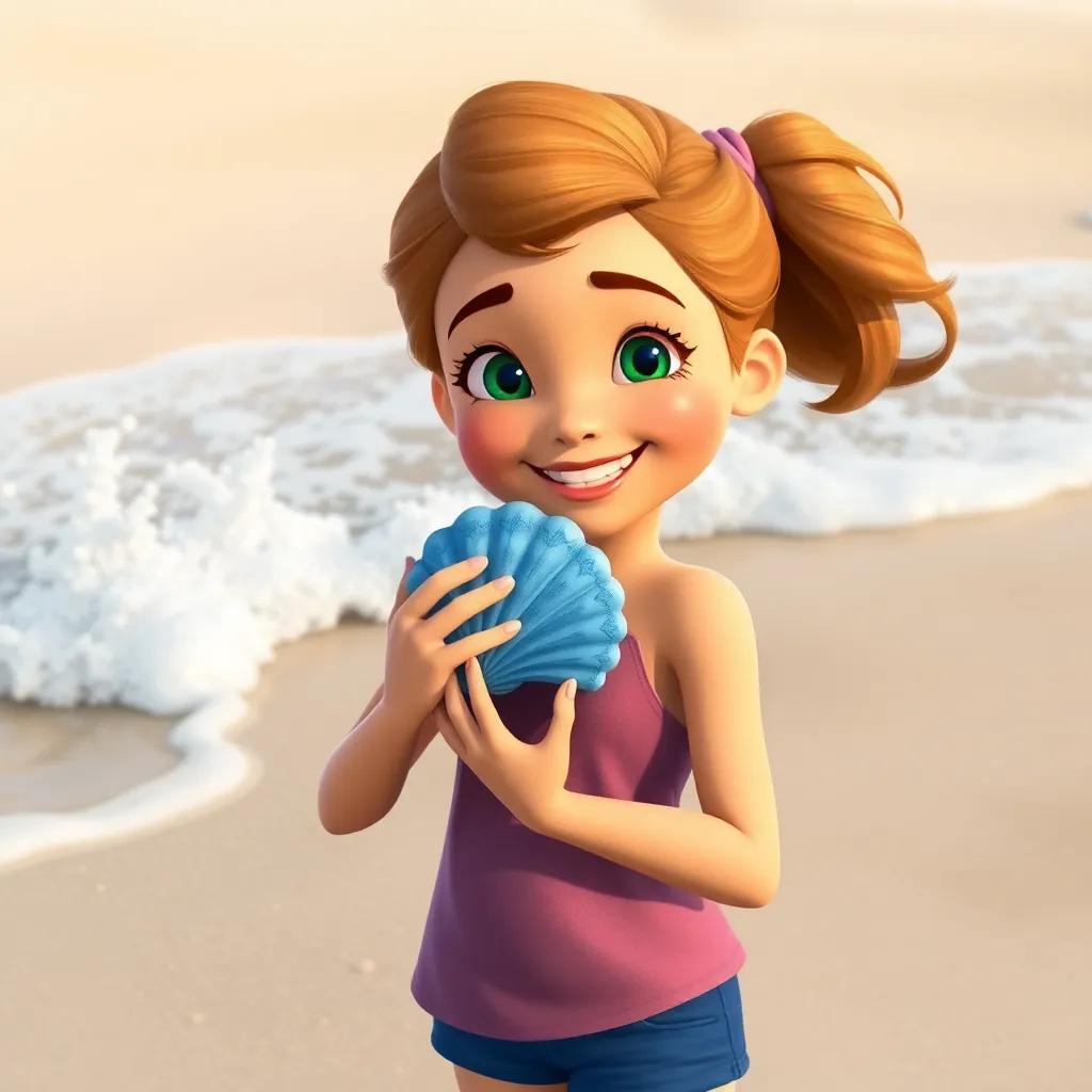 Chloe holding the blue shell close to her heart, standing on the beach, with waves splashing around, a big smile on her face, capturing the moment of their adventure
