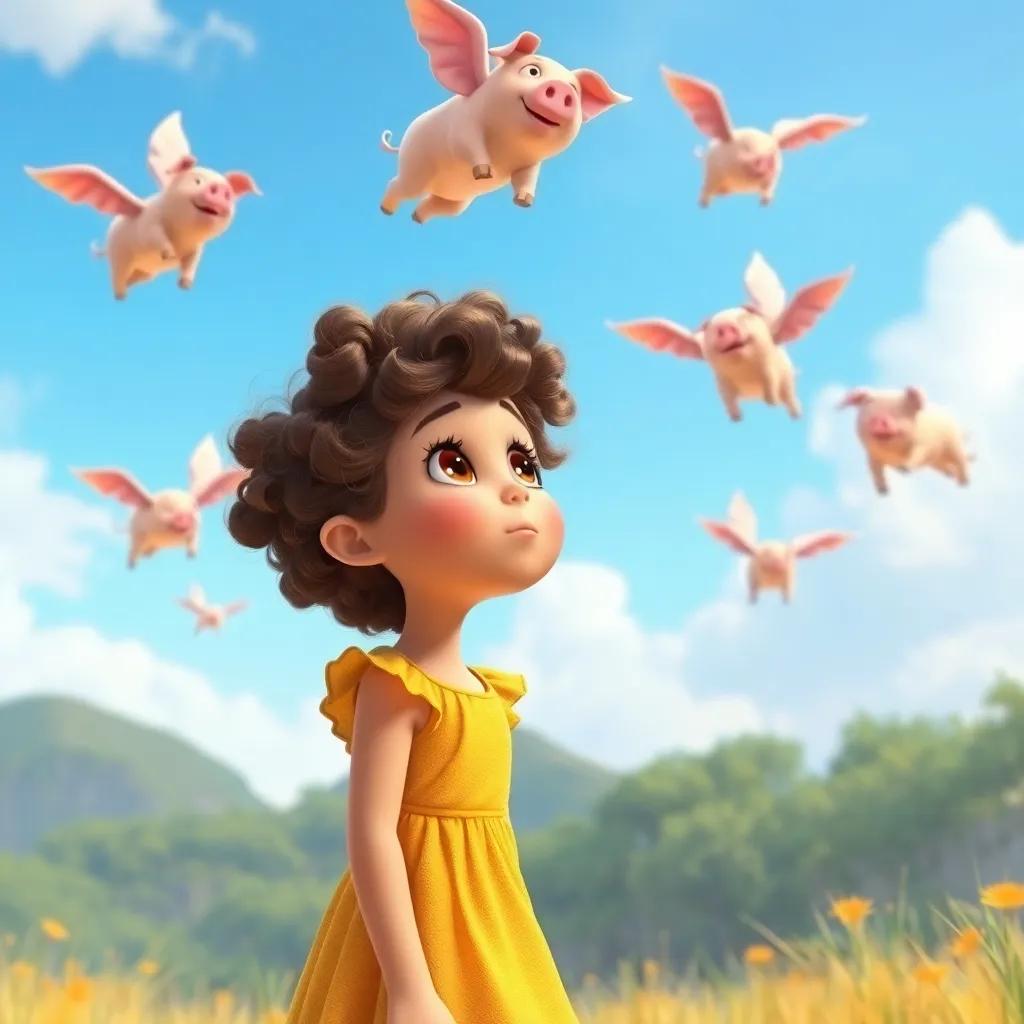 Chloe, a young girl with curly brown hair in a yellow dress, looking up in amazement as flying pigs soar overhead flapping their wings, whimsical scene, bright and colorful, child-friendly, high quality