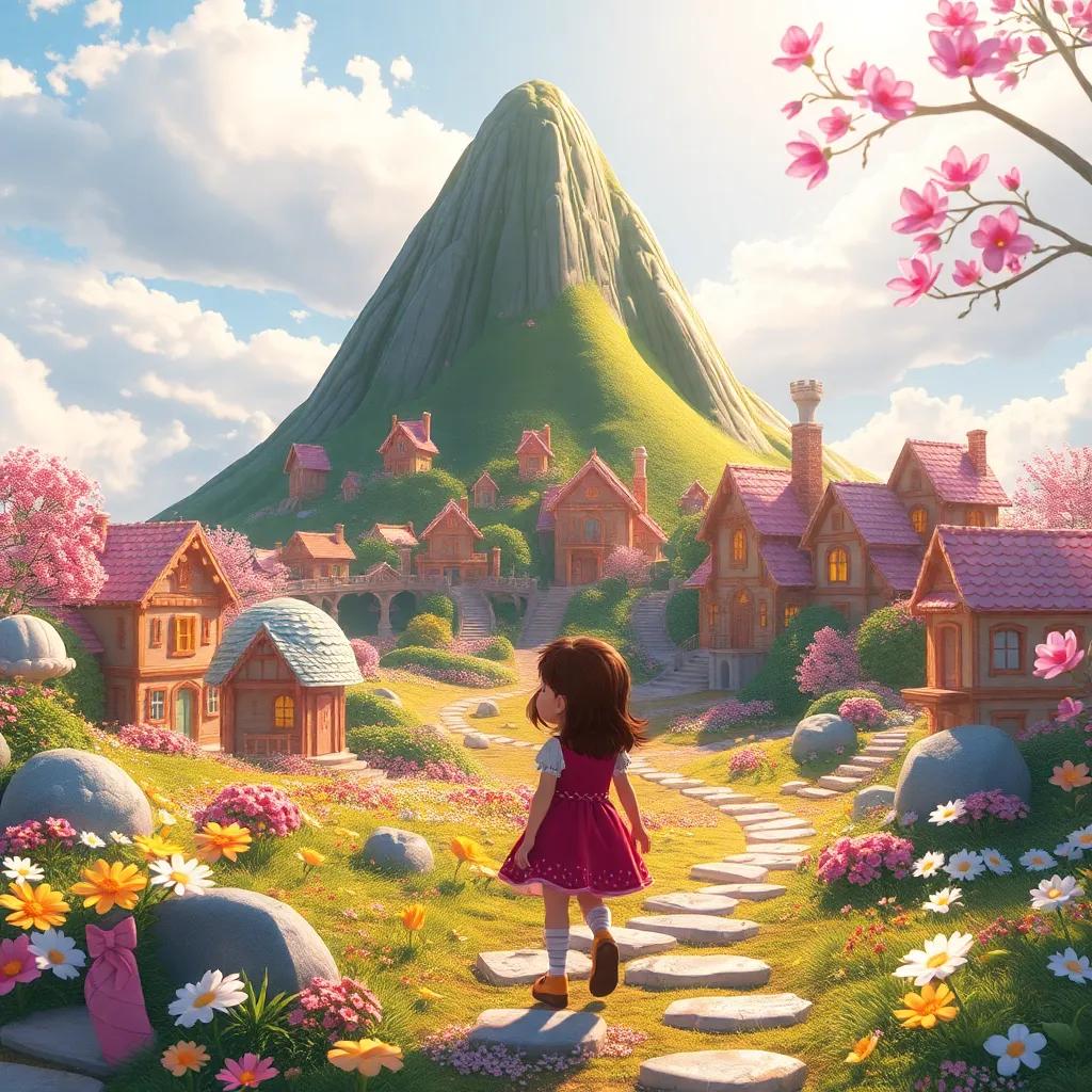 Chloe discovering a secret village behind a big hill, houses made of candy and flowers all around, sparkling under the sunlight, fantastical scene, delightful, warm colors, high quality