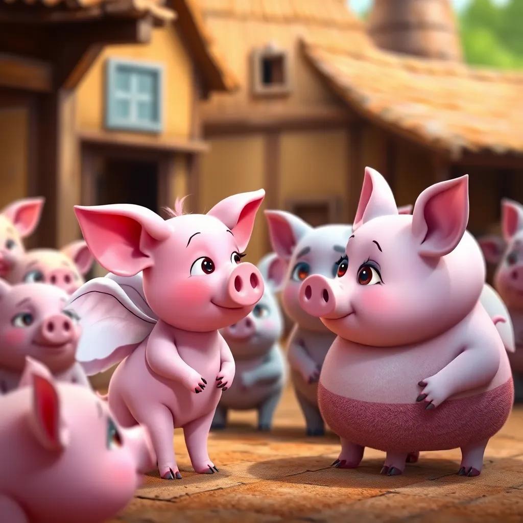 A little pink pig, with big floppy wings, speaking to Chloe who looks concerned but determined, surrounded by other worried pigs in the village square, caring atmosphere, rich colors, high quality