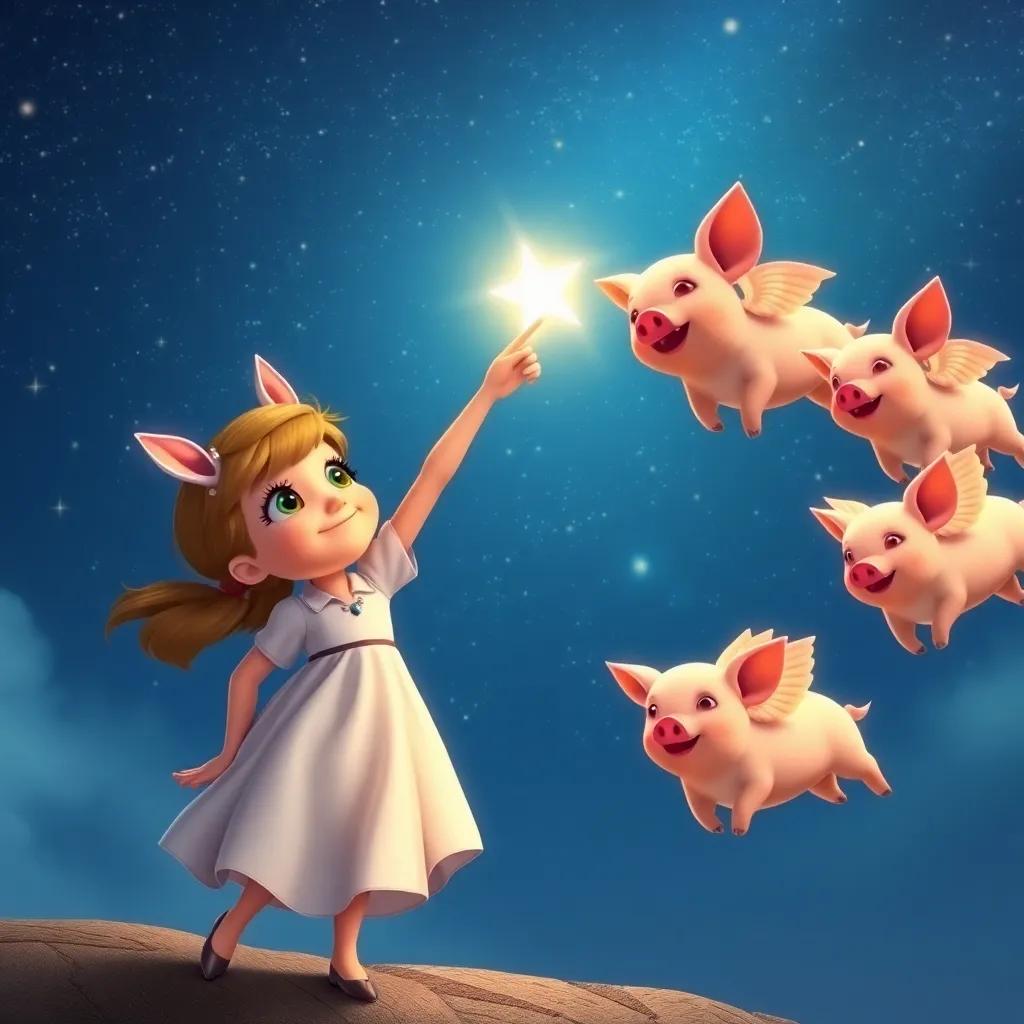 Chloe confidently guiding the flying pigs by pointing at the North Star in the night sky, their wings shining as they follow her, magical atmosphere, starry night colors, enchanting, high quality