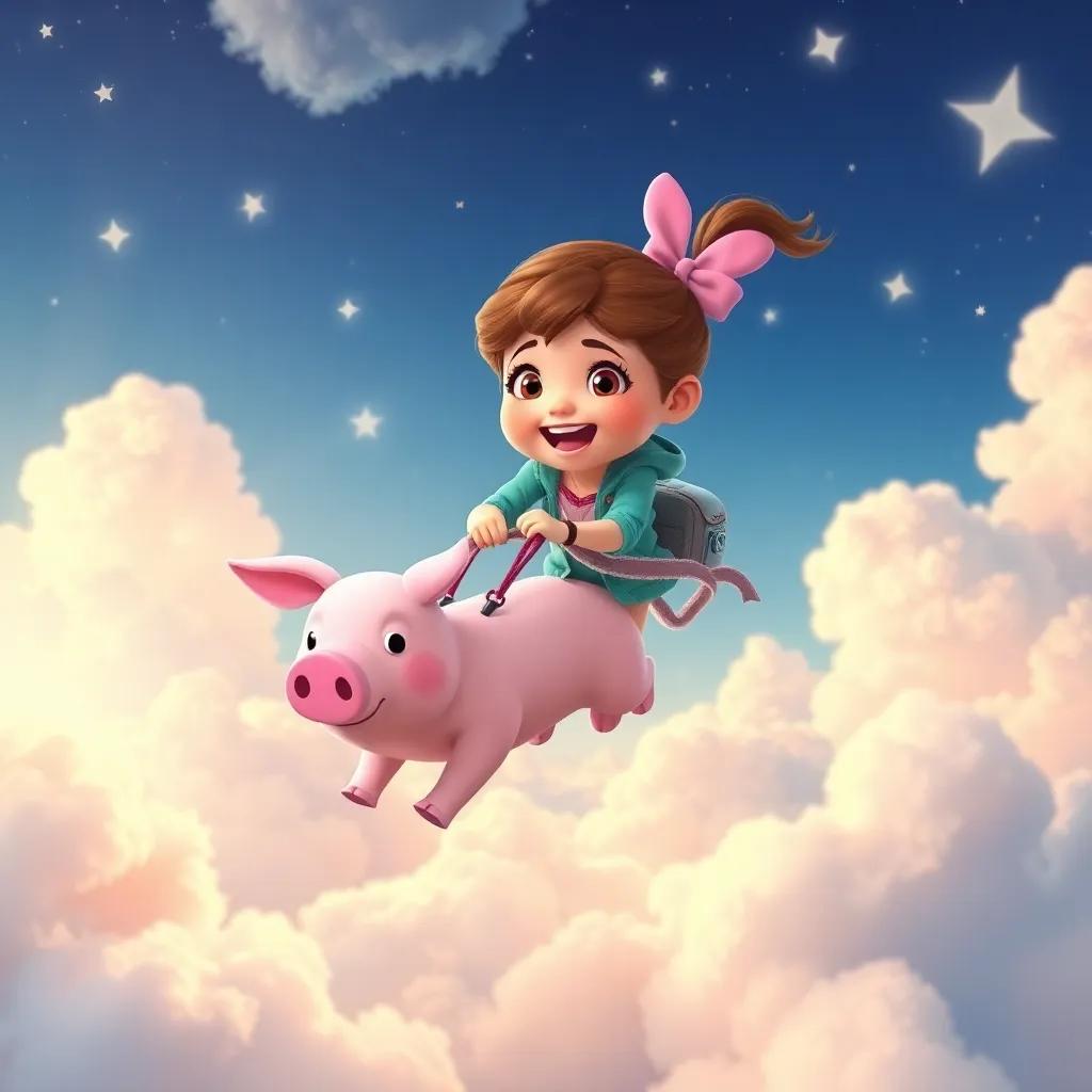 Chloe holding onto a little pink pig tightly as they soar through the sky, with clouds around and stars shining, exciting and joyful moment, dreamy scene, bright colors, high quality