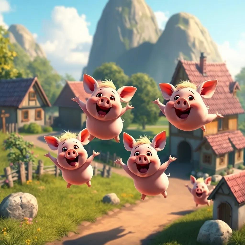 The flying pigs landing excitedly in their village, with Chloe waving goodbye and their homes in the background, happy atmosphere, vibrant colors, heartwarming, high quality