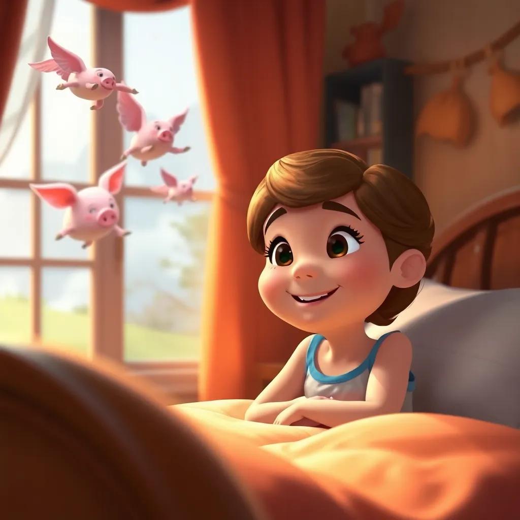 Chloe smiling in her bedroom, thinking about her adventure with the flying pigs, soft lighting, cozy atmosphere, rich colors, heartwarming, high quality