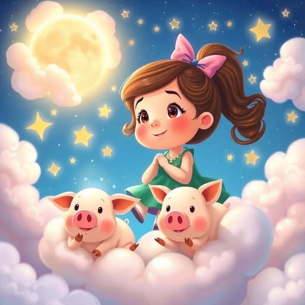 Chloe dreaming of flying in the sky with the pigs surrounded by clouds and stars, whimsical and magical, dreamy scene, colorful, enchanting, high quality