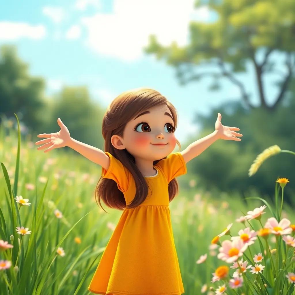 A curious girl, Chloe, with long brown hair and wearing a bright yellow dress, stands outside with her arms out, feeling the gentle wind, surrounded by tall green grass and blooming flowers, digital art, vibrant colors, sunny atmosphere, captivating view, high quality