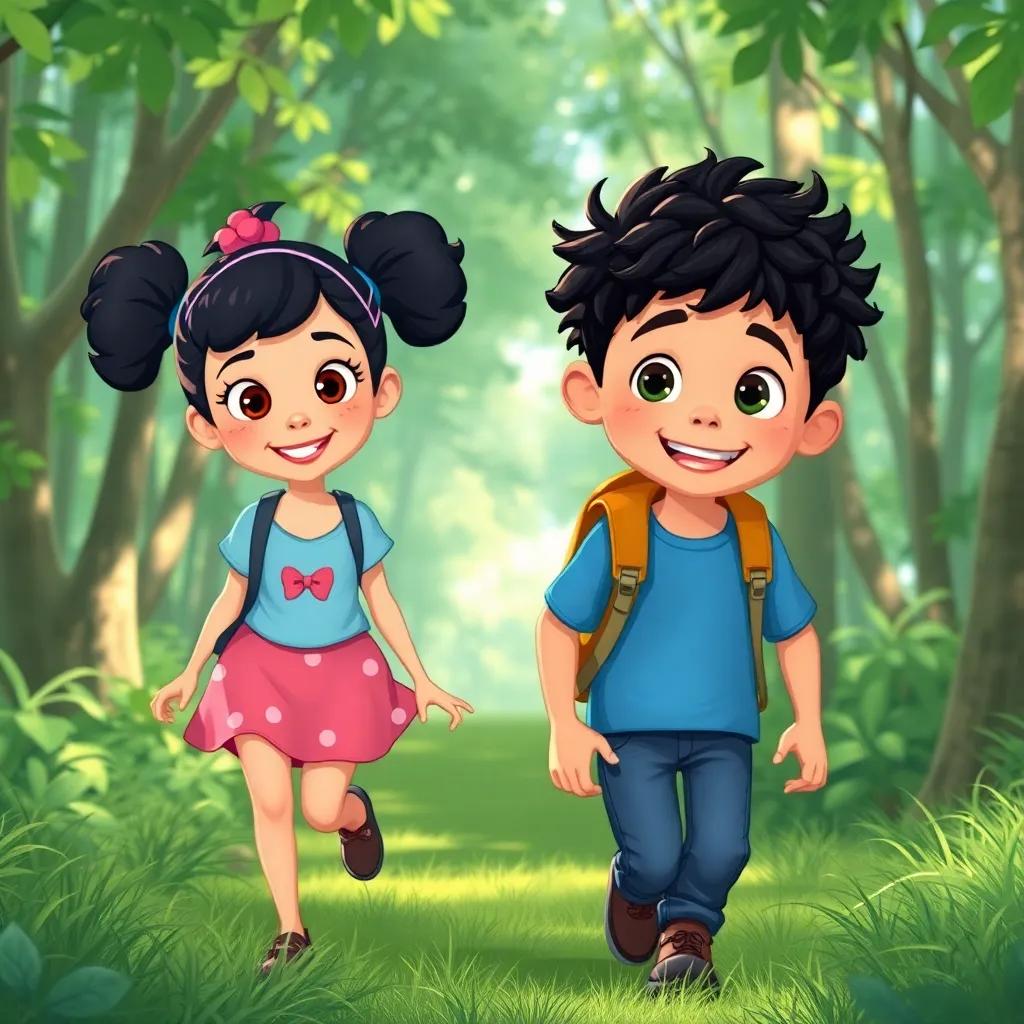 Chloe and her adventurous friend, Leo, a boy with curly black hair wearing a blue t-shirt and jeans, excitedly walking through a lush green forest, curious expressions on their faces, dappled sunlight filtering through the trees, illustration, cheerful vibe, child-friendly, high quality