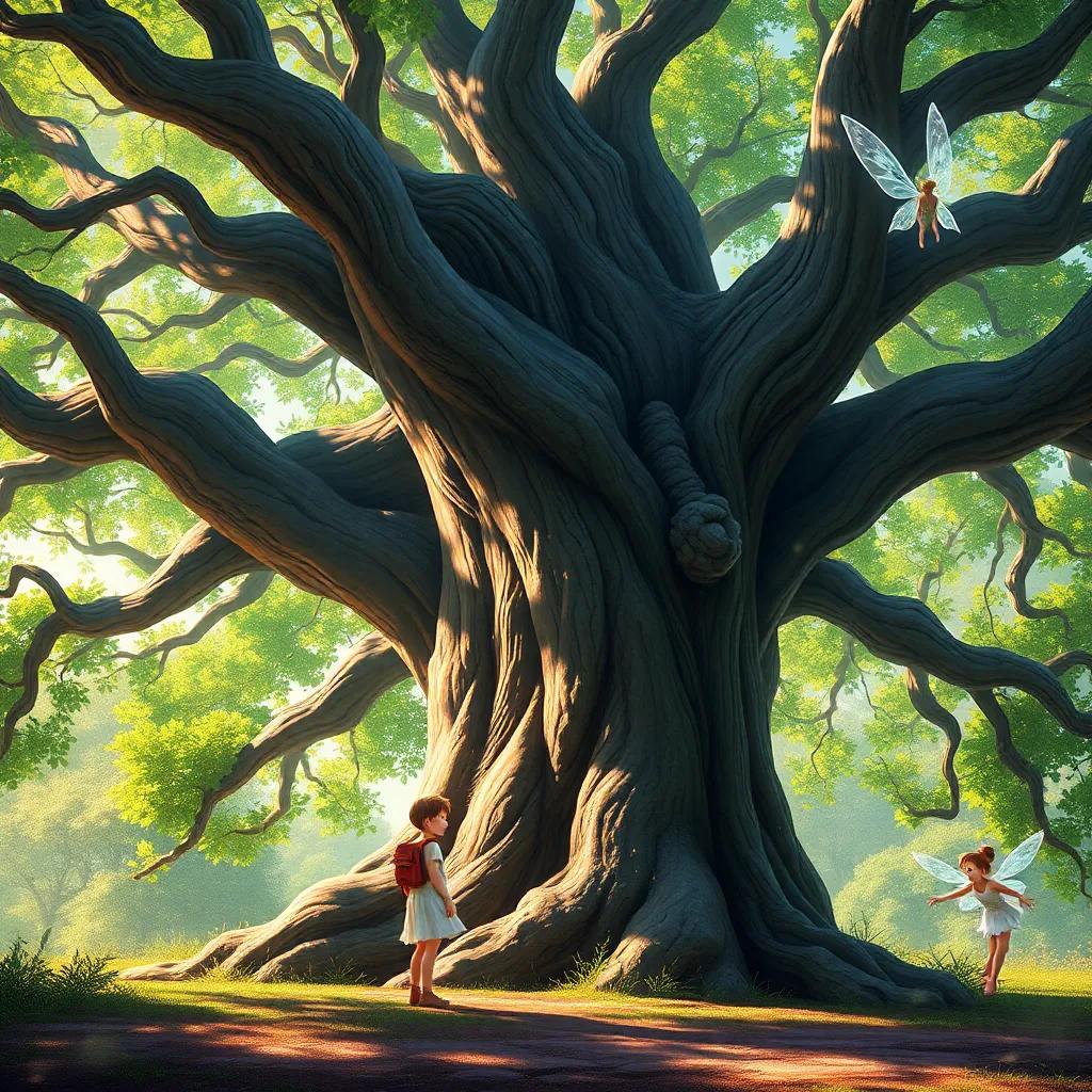 A majestic old oak tree with a wide trunk and sprawling branches, Chloe and Leo are standing beside it, looking up with wonder, bright green leaves rustling in the wind, a shimmering fairy, Brisa, with delicate wings, is floating near them, digital painting, magical, enchanting atmosphere, high quality