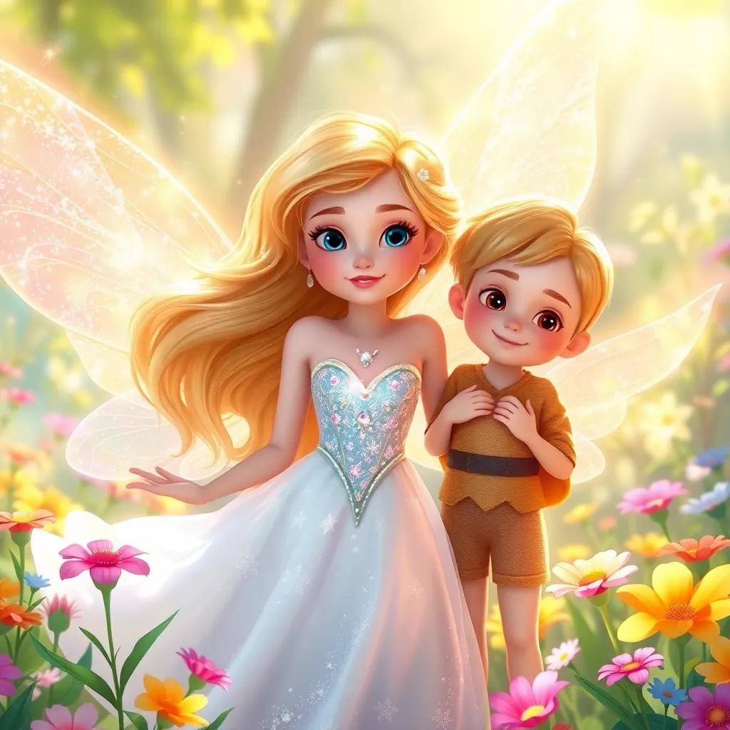 A sparkling fairy named Brisa with golden hair and a flowing white dress, sharing her adventures with Chloe and Leo, surrounded by colorful flowers and gentle sunlight, digital art, glowing effect, fantasy, high quality