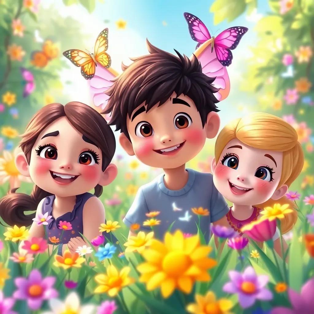 Chloe, Leo, and Brisa in a vibrant meadow filled with colorful flowers and shiny butterflies, gathering stories through the whispers of the wind, cheerful expressions, magical atmosphere, digital painting, lively colors, high quality