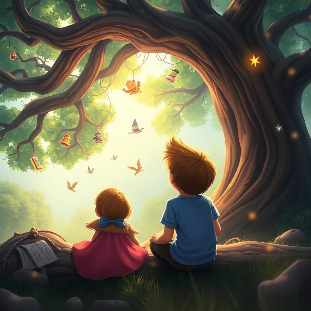 Chloe and Leo watching in awe as stories come alive around them, colorful scenes dancing in the air amidst the branches of the old oak tree, soft sparkles and lighting effects, digital painting, dreamy and imaginative, high quality