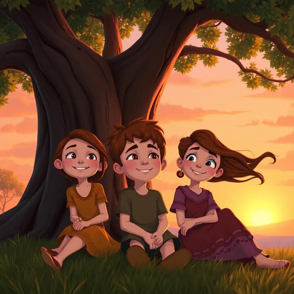 A warm sunset scene with Chloe, Leo, and Brisa, sitting under the old oak tree, smiling and looking content after their adventure, the wind gently flowing through their hair, peaceful atmosphere, digital art, warm colors, heartwarming view, high quality