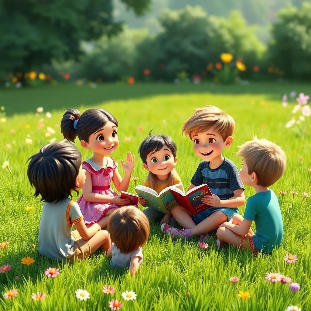 Chloe and Leo sharing their stories with other children, sitting in a circle with bright smiles, the wind swirling around them, lush grassy field and colorful flowers in the background, digital art, joyful atmosphere, bright colors, high quality