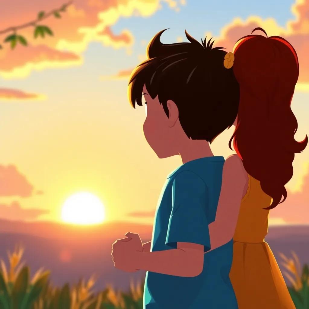 Chloe and Leo standing together, looking at the horizon where the sun is setting, holding hands and breathing in the fresh air, symbolizing their newfound love for stories and adventure, digital painting, warm light, hopeful feeling, high quality