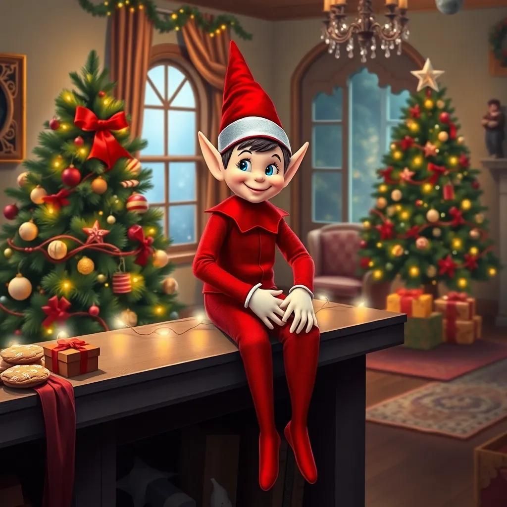 A cheerful elf named Chris, with a bright red outfit and a pointy hat, sitting on a shelf decorated with Christmas lights, surrounded by a festive living room filled with a Christmas tree and cookies, cozy and inviting, digital art, vivid colors, warm lighting, high quality