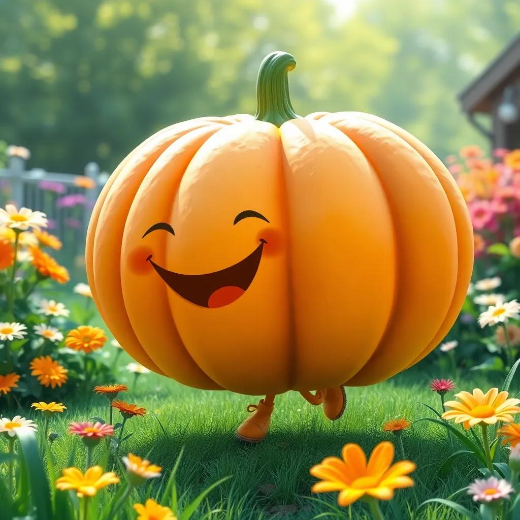 A giant pumpkin named Pumpky, with a friendly face, wiggling and jumping in the garden, surrounded by flowers and green grass, whimsical style, bright colors, magical moment, joyful scene