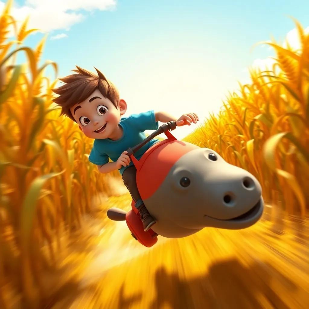 Chuck, a young boy with short brown hair wearing a blue t-shirt, riding on the back of Pumpky, zooming through fields of golden corn, fast-moving, thrilling adventure, sunny day, bright blue sky