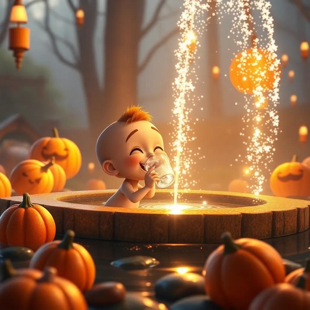 Chuck drinking from a sparkling pumpkin spice fountain, the warm light reflecting off the water, feeling joyful and content, enchanting scene, surrounded by happy creatures