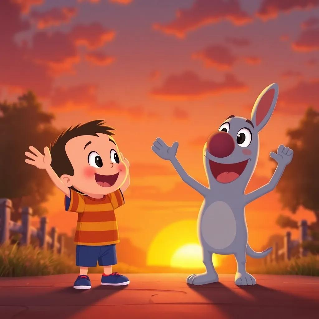Chuck and Pumpky saying goodbye with a sunset in the background, warm and inviting colors, friends waving each other off with smiles, heartwarming moment