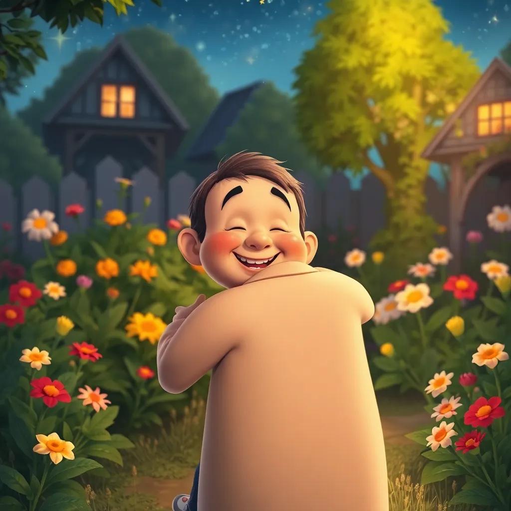Chuck back in his garden, hugging Pumpky with a grateful smile, his garden filled with colorful flowers and twinkling stars in the sky, cozy and magical atmosphere