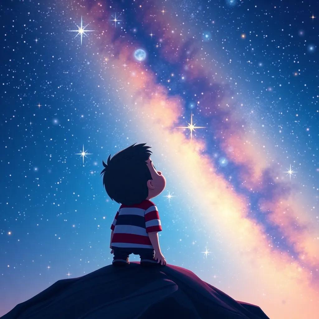 Chuck looking at a starry sky, full of twinkling stars and bright colors, reflecting on his adventure, feelings of joy and wonder, dreamy night scene