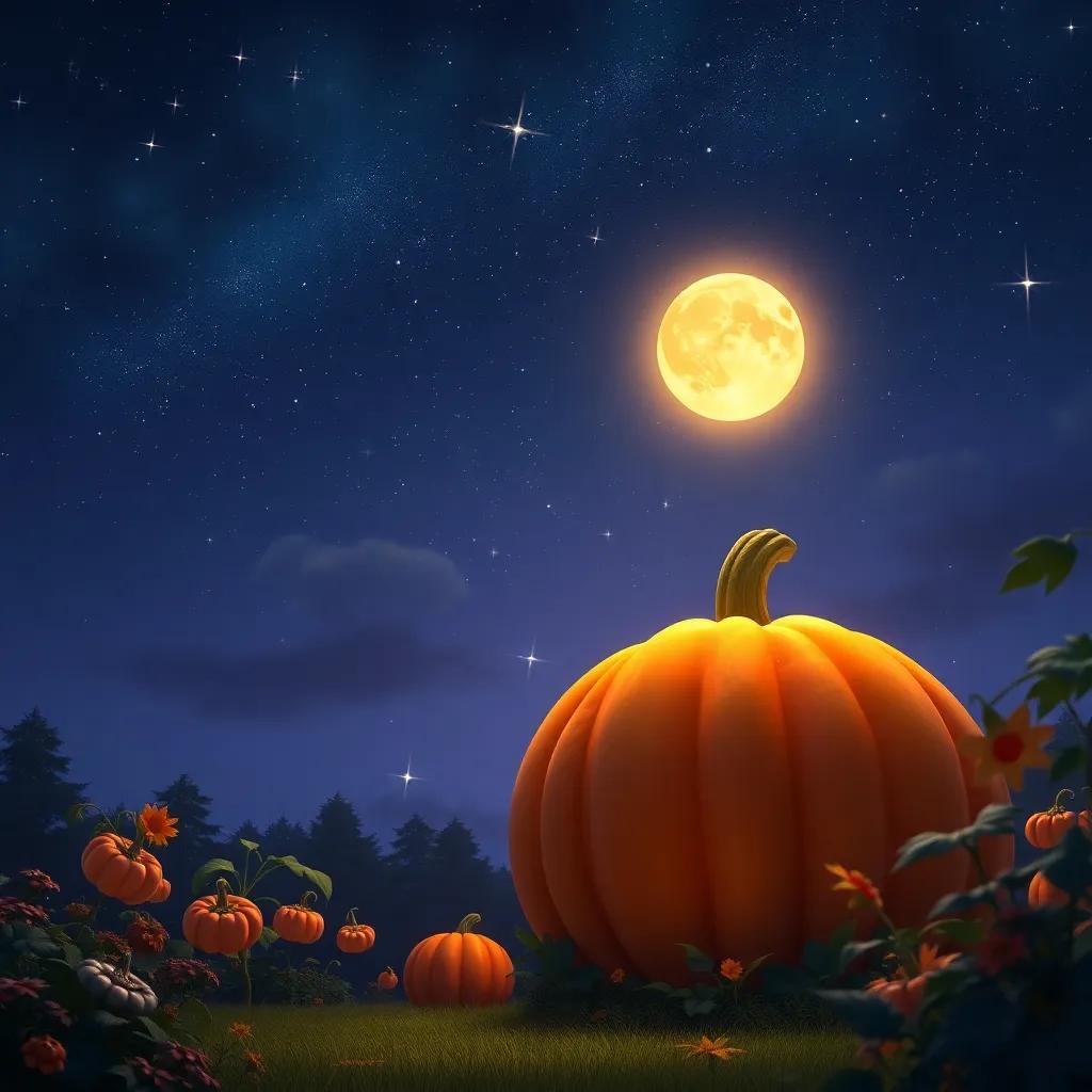 A beautiful night sky over Chuck's garden, with sparkling stars and a glowing moon illuminating the giant pumpkin, creating a serene and magical feeling