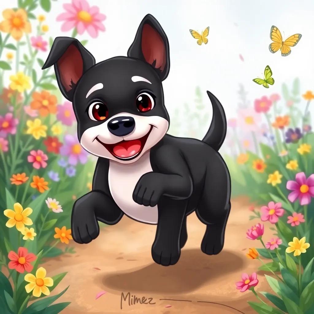 Cigarra, a little black dog with a white chest, clumsily running in a colorful garden, with flowers and butterflies around, digital art, cheerful colors, playful atmosphere, high quality