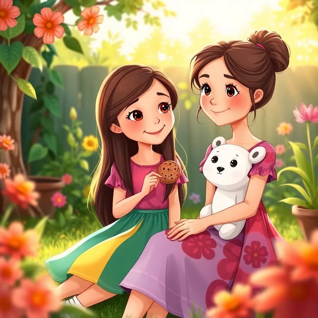 María Laura, a pretty intelligent girl with long brown hair wearing a colorful dress, sitting beside Cigarra in the garden, holding a cookie, smiling at Cigarra, warm sunlight, friendly atmosphere, high quality