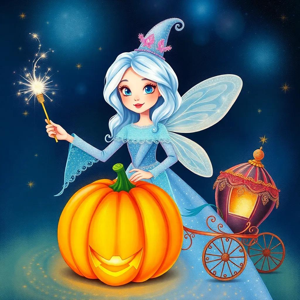 A Fairy Godmother with shimmering silver hair and eyes like galaxies, waving her wand with a sparkling gown and a pumpkin turning into a carriage, vibrant colors, whimsical setting, high quality, magical moment