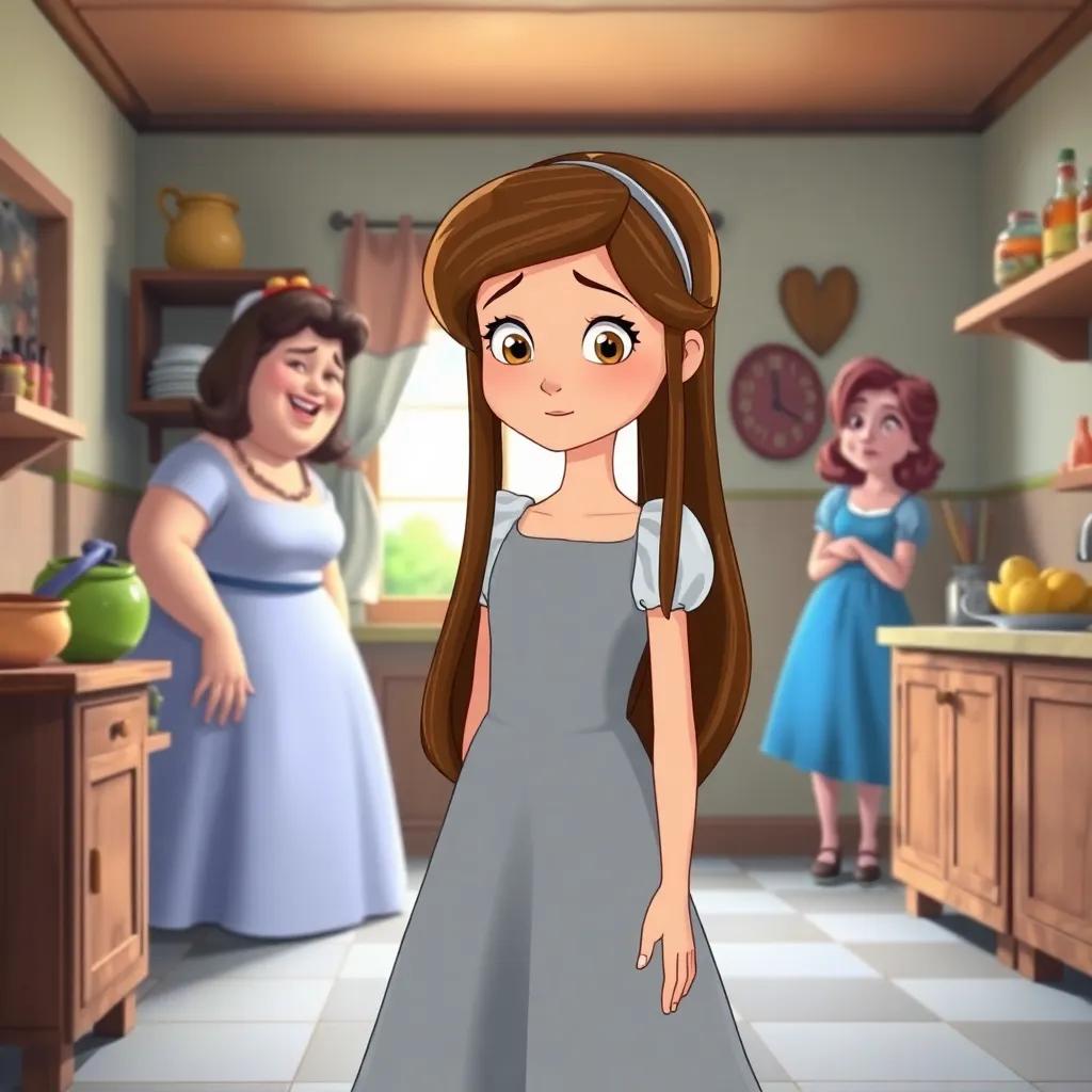 Once upon a time, a kind girl named Cinderella, with long brown hair dressed in a simple grey dress, looked sadly at her clothes while her mean stepmother and two stepsisters were laughing nearby, in a modest kitchen, digital art, bright colors, cheerful atmosphere
