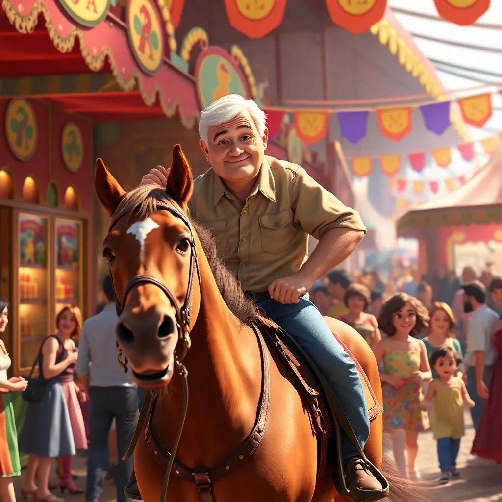 Cinderella's father, a middle-aged man in a simple shirt and jeans, rides his horse through a lively fair, colorful stalls, smiling faces, bustling activity all around him, vibrant and lively
