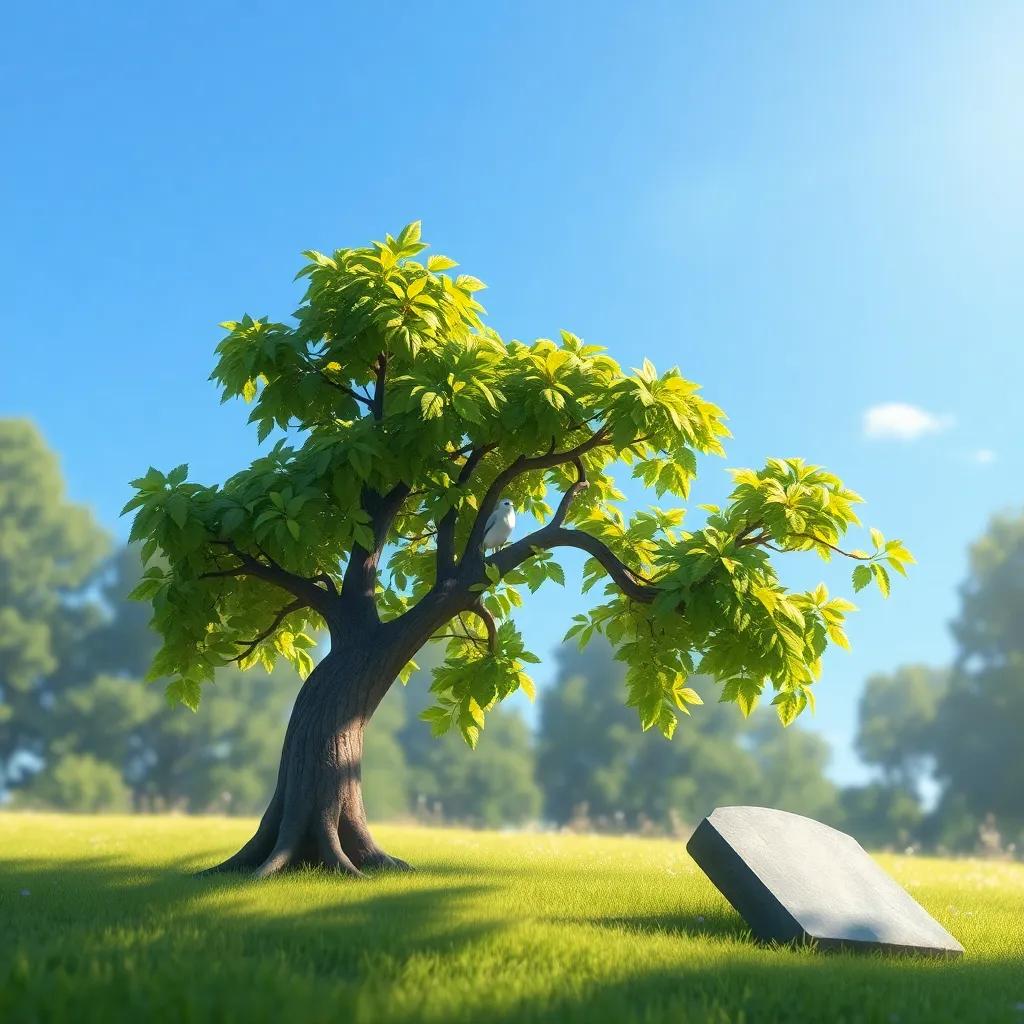 A beautiful hazel tree grows tall next to Cinderella's mother's grave, with lush green leaves and a little white bird perched on its branches under a bright blue sky, peaceful and serene