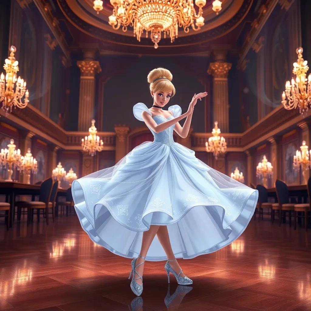 Cinderella, with a transformed look, wears a stunning gown and sparkling shoes, dancing beautifully in a grand ballroom filled with luxurious decorations and swirling lights, magical and enchanting
