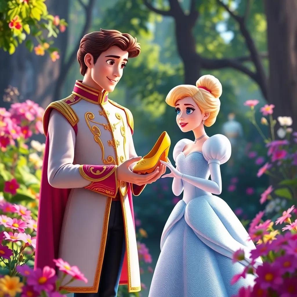 The prince holds the golden shoe in his hand, he is a handsome young man with a royal outfit, standing in front of Cinderella, who looks amazed, in a beautiful garden filled with flowers, bright and vibrant