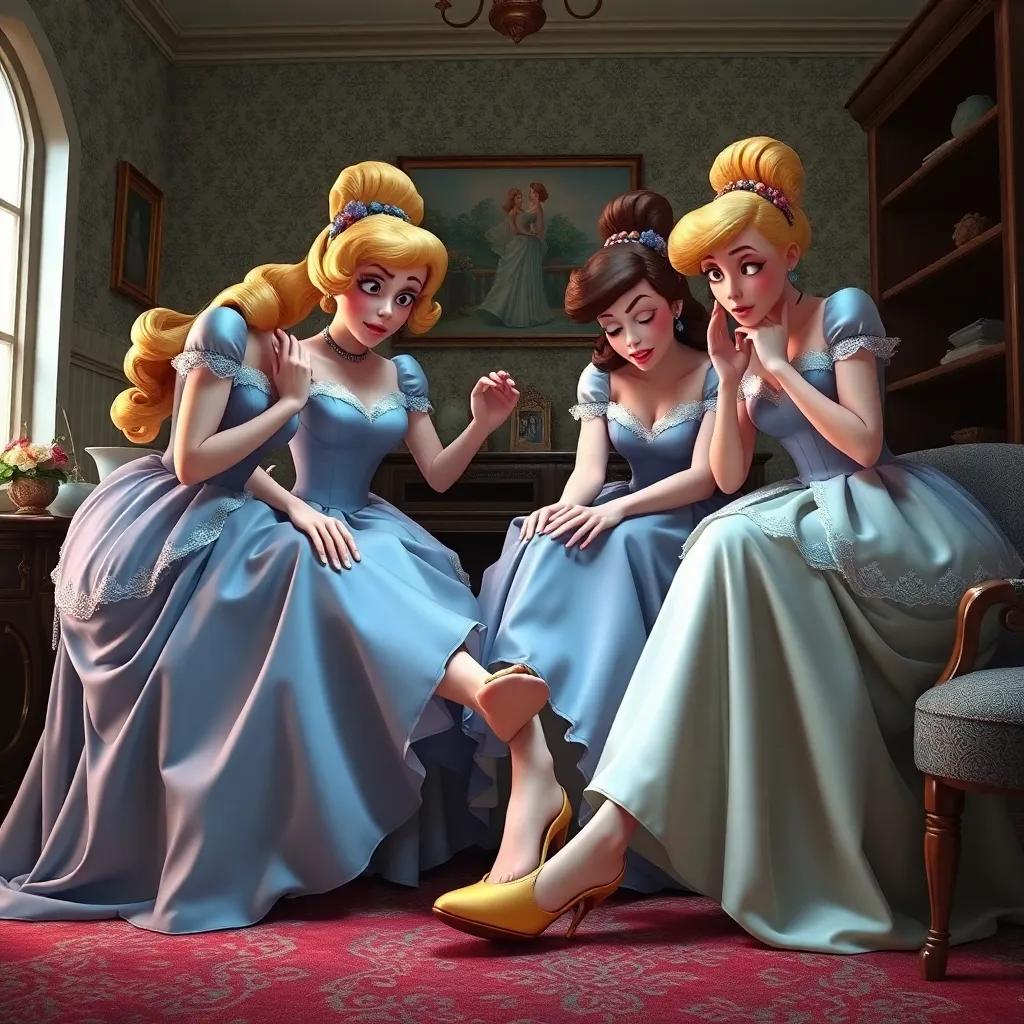 Cinderella's stepsisters, dressed in fancy but ill-fitted gowns, try desperately to fit their feet into the golden shoe, their expressions anxious, in a modest room, tense and dramatic
