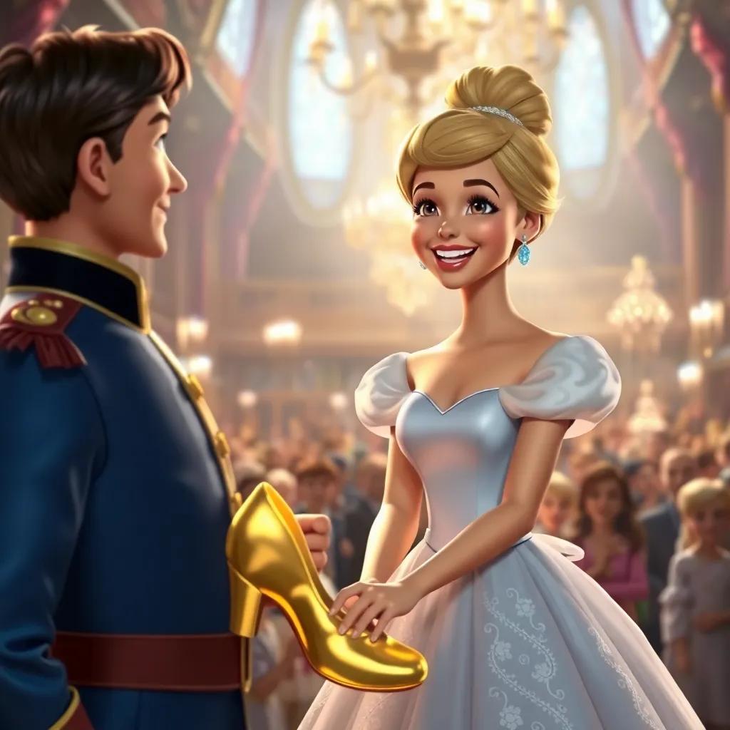 Cinderella smiles brightly as the golden shoe fits her perfectly, she is wearing a simple dress but looks joyful and radiant, the prince beside her looking amazed, in a grand hall full of people, celebratory and festive