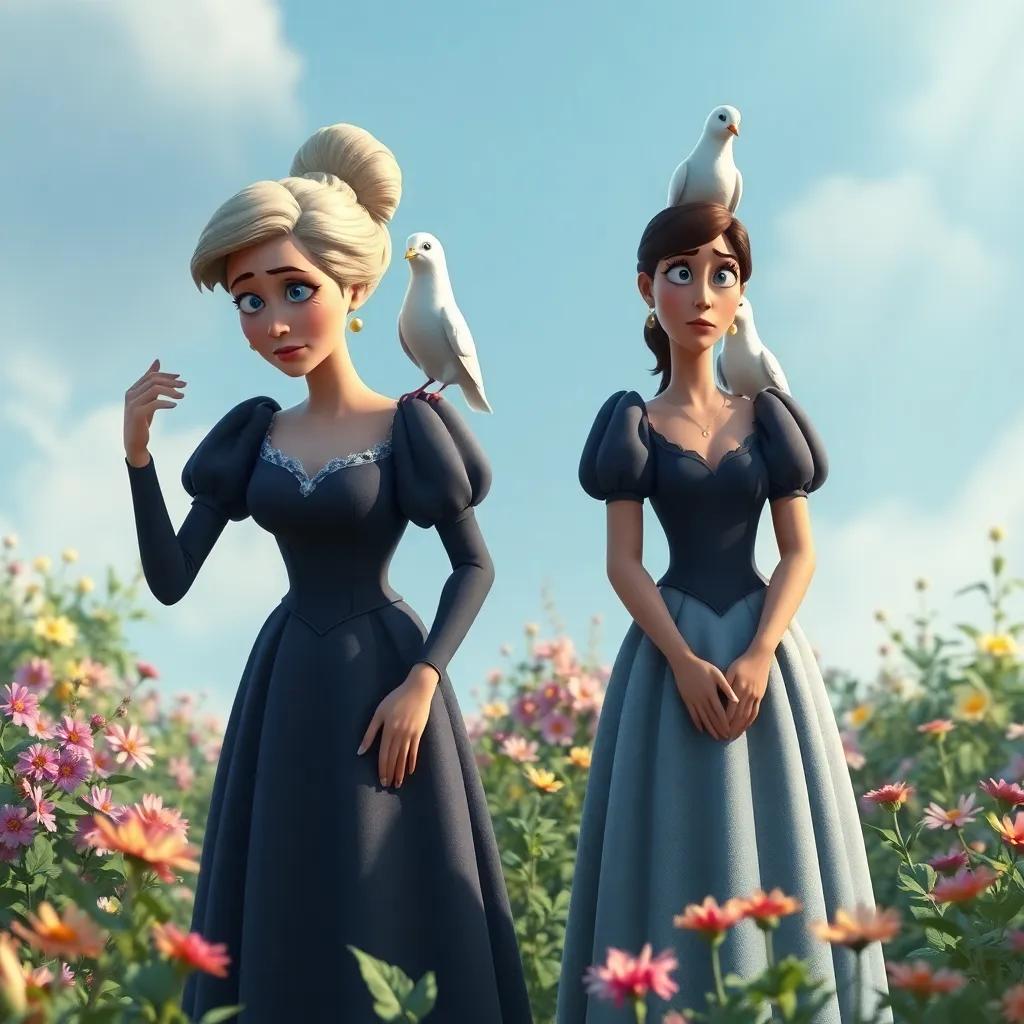 The stepsisters stand sadly, one holding her eye in pain while the other looks shocked, as the doves perch quietly on Cinderella's shoulders, in a garden with flowers, intense and poignant