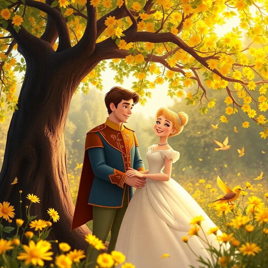 Cinderella and the prince share a joyful moment as they stand together under the hazel tree, surrounded by bright yellow flowers and lovely birds singing, warm colors, romantic and happy