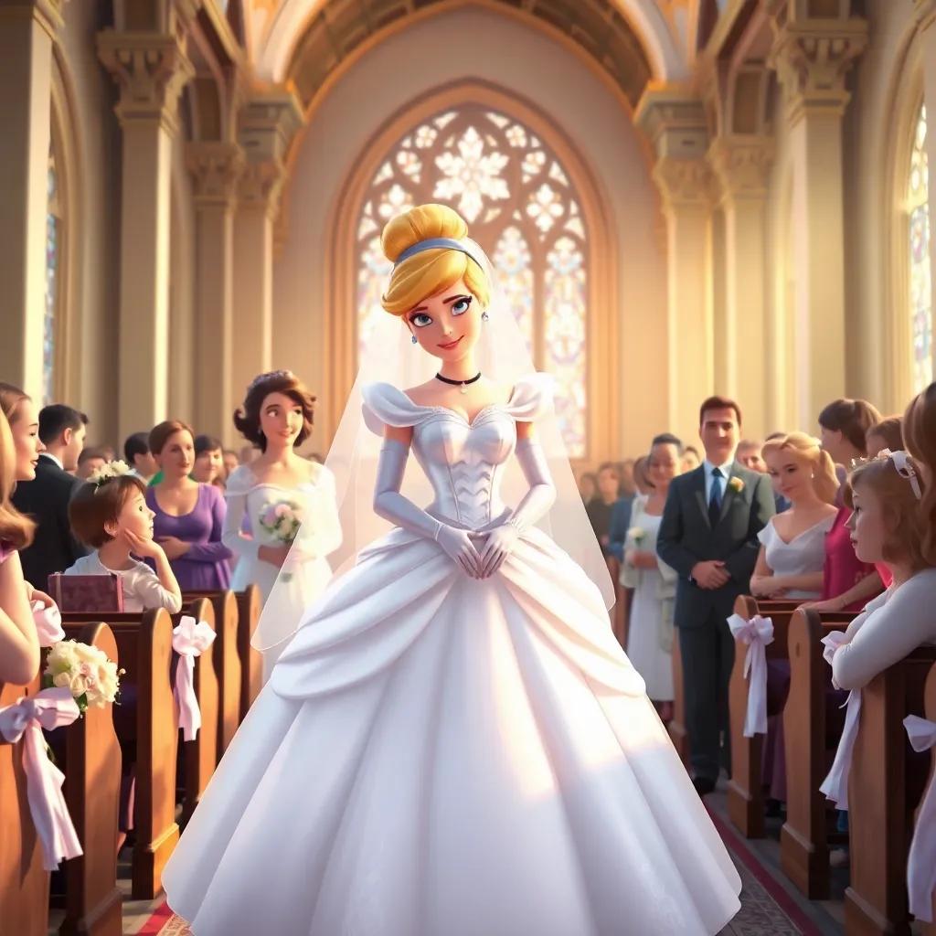 Cinderella, with her stepsisters behind her looking remorseful, is dressed in her beautiful wedding gown, surrounded by friends and family, in a lovely church, joyful and bright