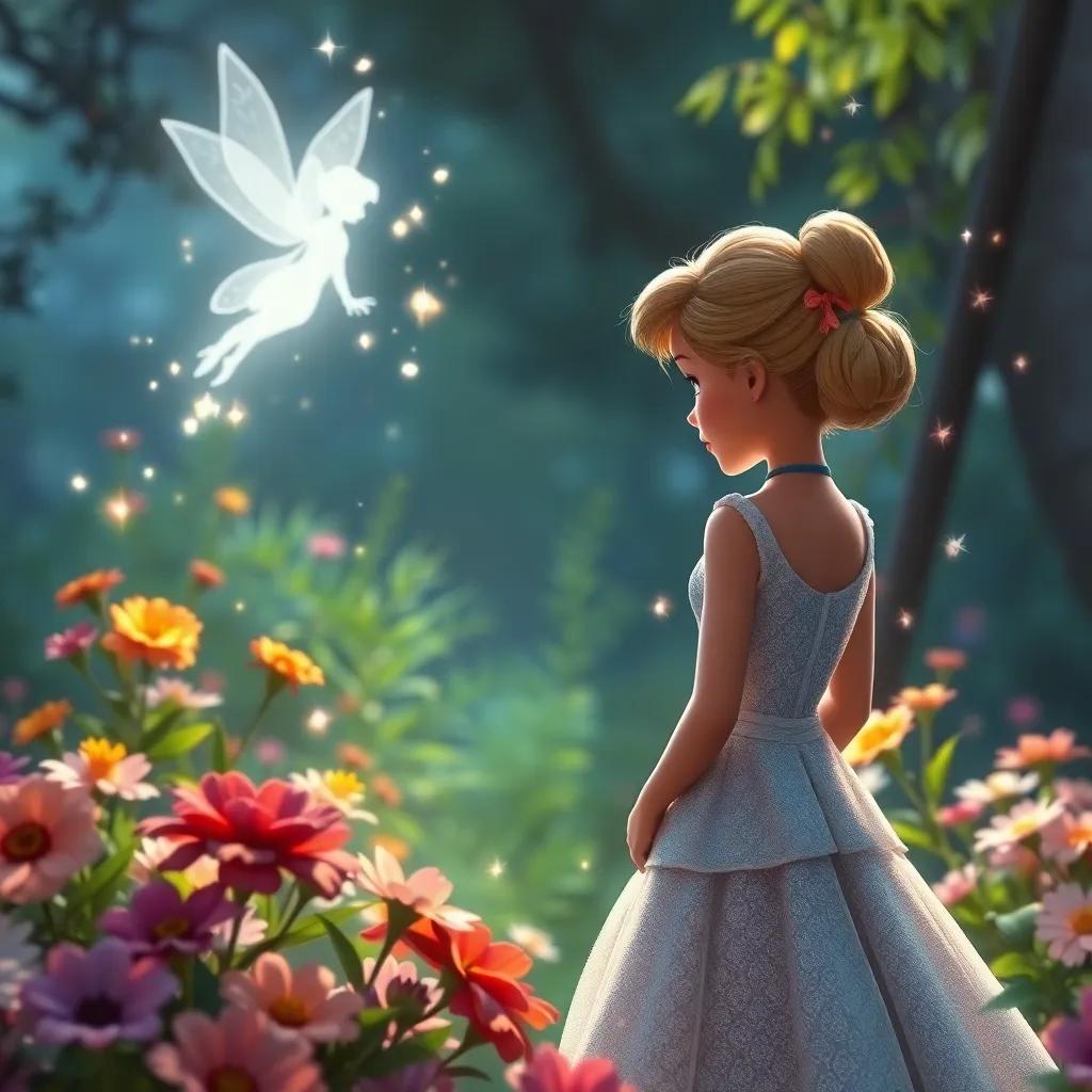 Cinderella looking sad in the garden as a fairy appears, with sparkles around her, wearing a simple dress, surrounded by flowers, magical glow, bright colors, enchanting, high quality