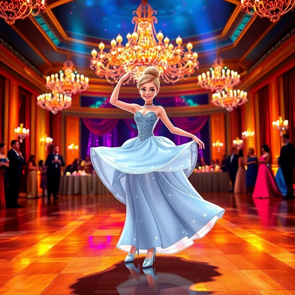 Cinderella in a beautiful gown, sparkling shoes, spinning joyfully at a grand ball, she stands on a dance floor with colorful lights and chandeliers above, vibrant colors, fairy tale atmosphere, joyful, high quality
