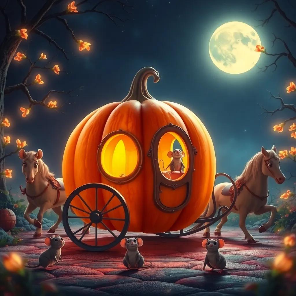 A magical pumpkin turned into a carriage, surrounded by mice that have transformed into horses, beautiful scene in a moonlit night, magical glow, fairy tale colors, whimsical, high quality