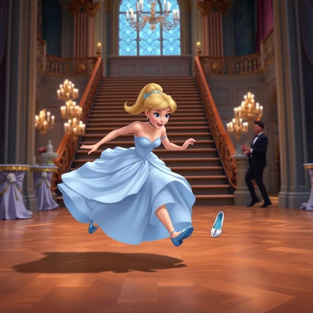 Cinderella rushing away from the ball, one glass slipper falling from her foot, with a look of surprise, grand staircase in the background, beautiful ball decorations, enchanting, high quality