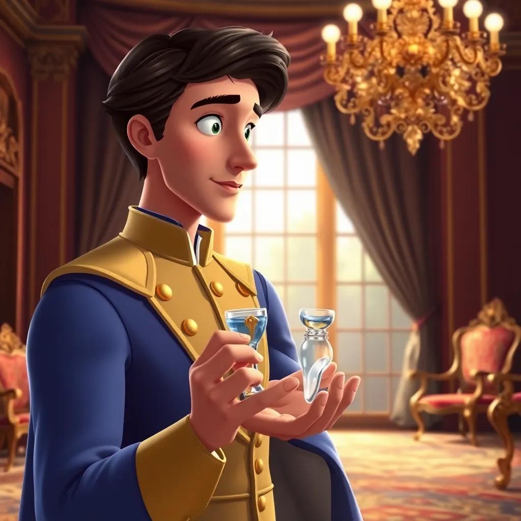 The prince holding the glass slipper, looking thoughtful in a royal palace, elegant background with flowing curtains and vintage furniture, warm light, royal colors, charming, high quality