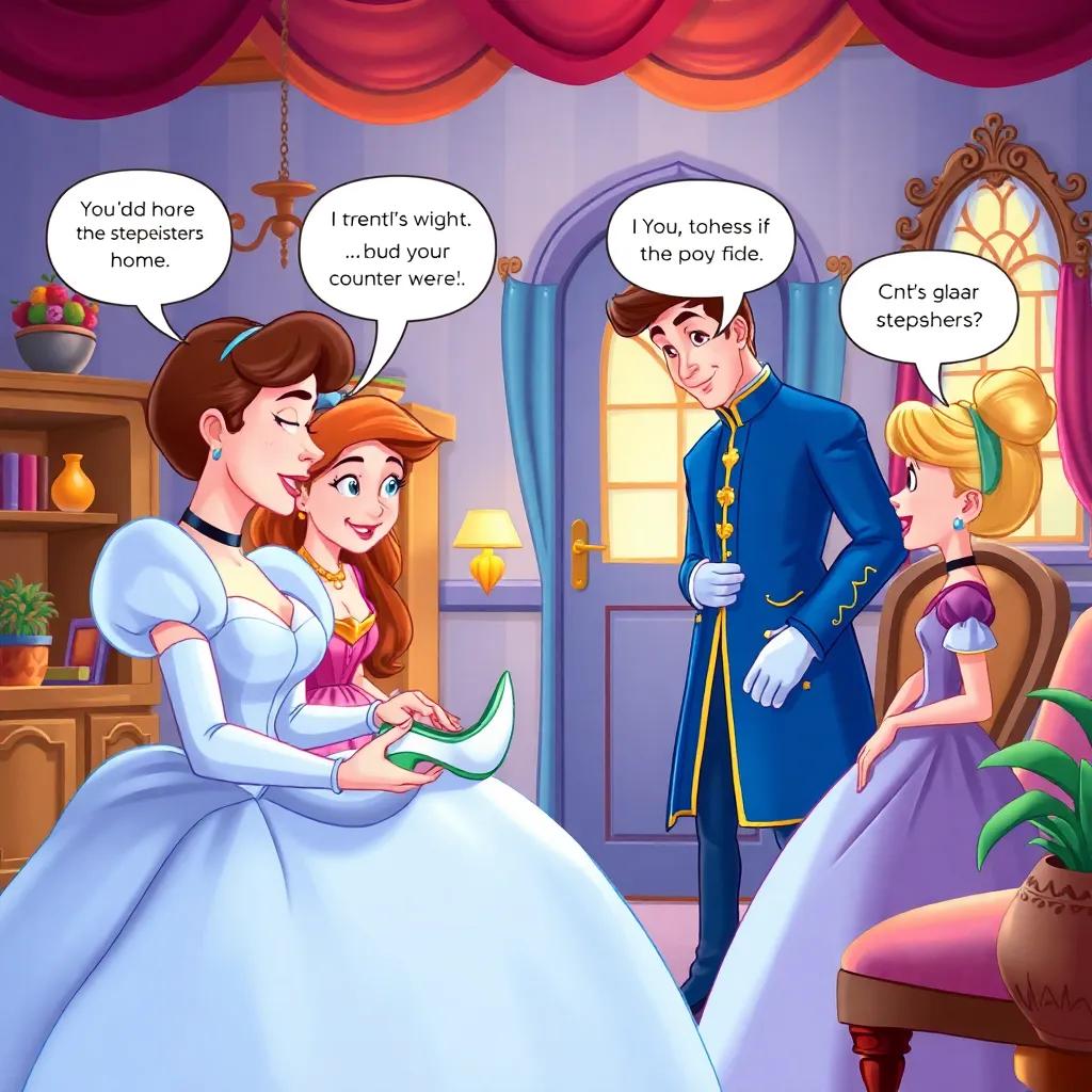 Prince visiting Cinderella's house, where her stepsisters are trying on the glass slipper, Cinderella is watching from the side, humorous expressions, cozy home, colorful scene, vivid, high quality