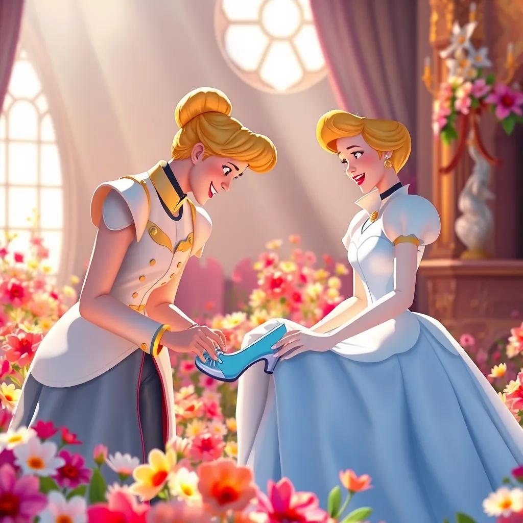 Cinderella trying on the glass slipper, looking amazed as it fits perfectly, with the prince smiling beside her, sunlit room full of flowers, joy and romance in the air, vibrant colors, heartwarming, high quality