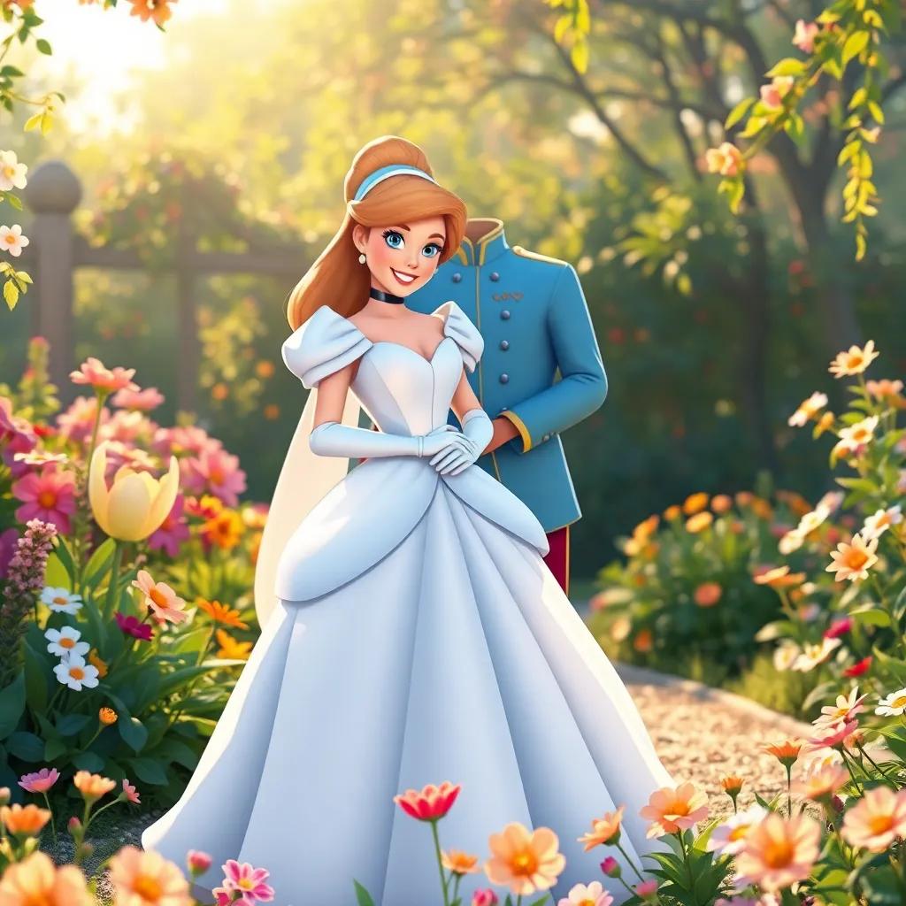 Cinderella and the prince standing together, smiling happily in a beautiful garden, surrounded by flowers and sunshine, fairy tale vibes, warm colors, joyful atmosphere, high quality